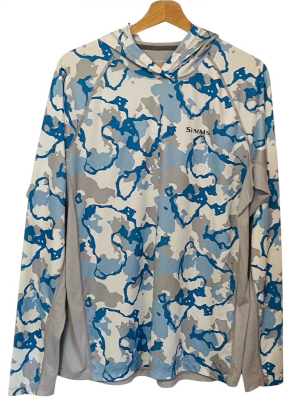 Simms Challenger Solar Hoody Blue Camo UPF 30 Fishing Shirt Mens Size Medium